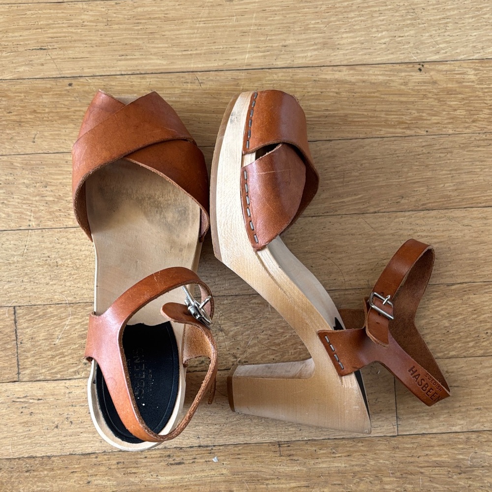 Swedish Hasbeens Cognac Leather Wooden Platform Sandals
